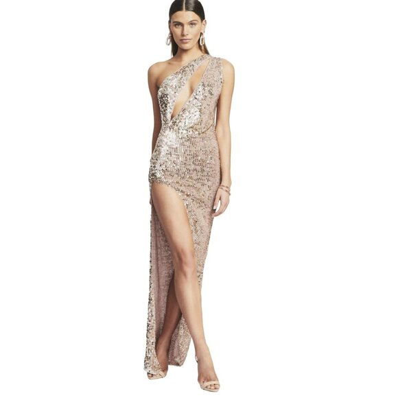 Retrofete $745 Candice Tan Sequin Maxi Crochet Dress Sz M/L Cutout NWT - Picture 1 of 8